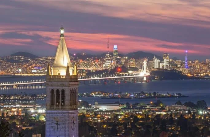 The East Bay at dusk looking across the water toward the San Francisco skyline