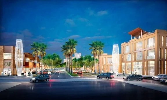 Street level view of a Fremont commercial district in the evening