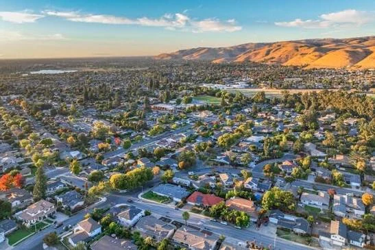 Fremont, California neighborhood at golden hour with the Mission Peak foothills behind it