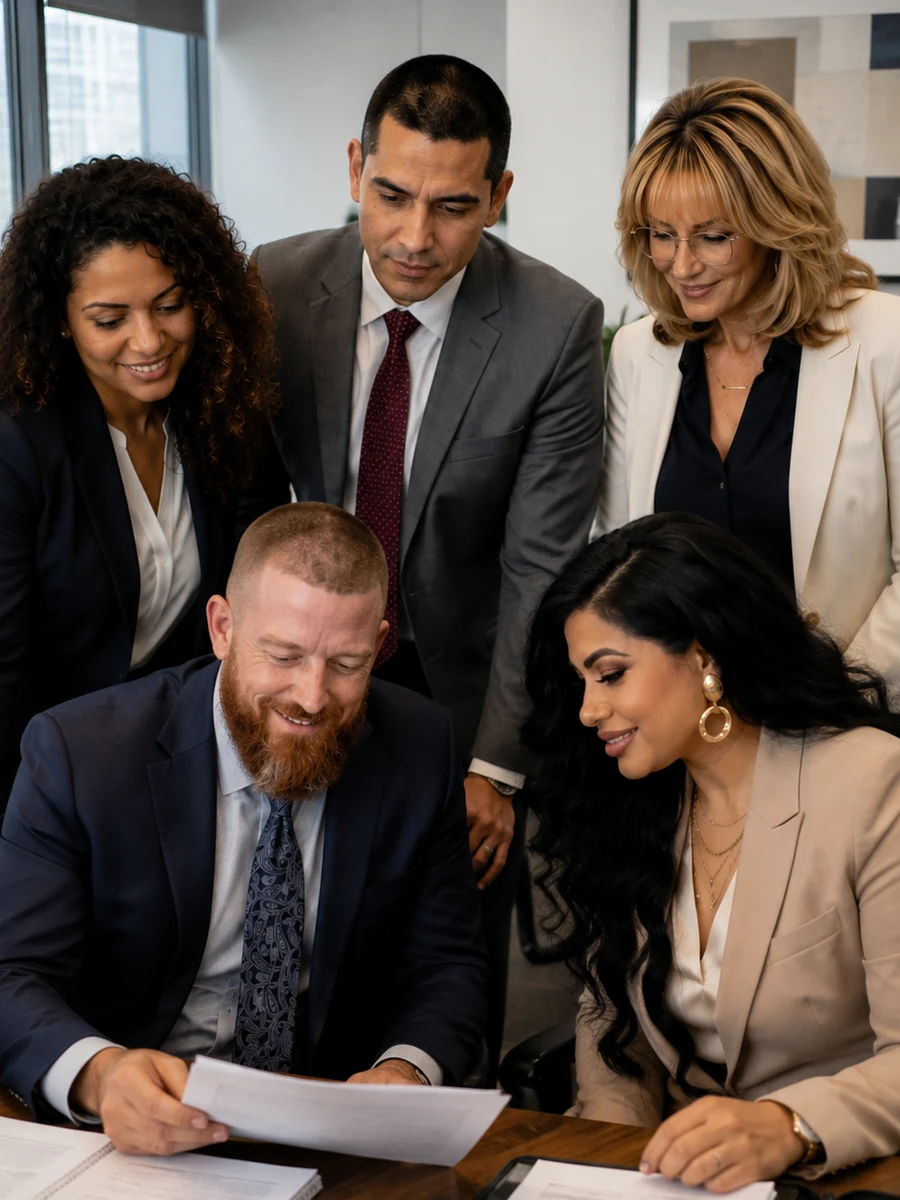 The Celestial Wealth Solutions team reviewing documents together in their Fremont, California office