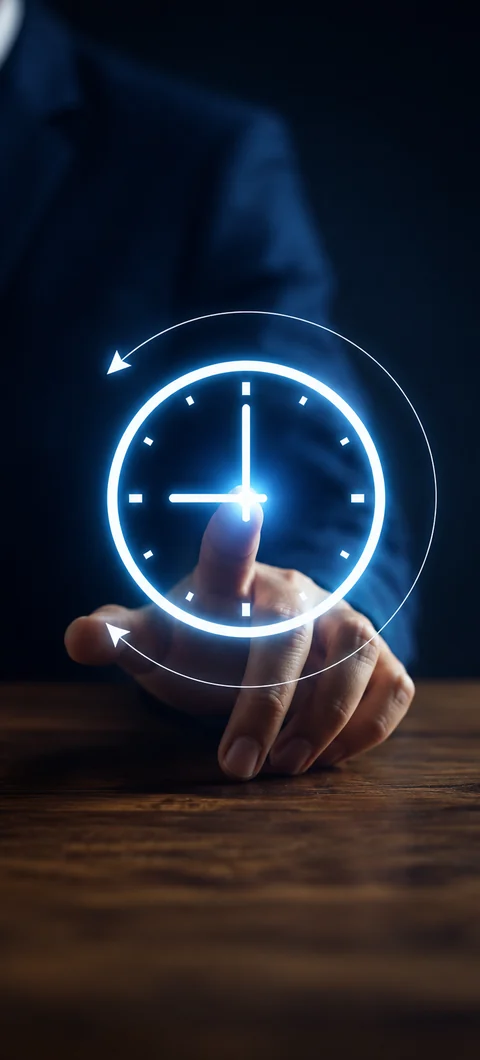 A clock face lit above an open hand, marking the agency's office hours