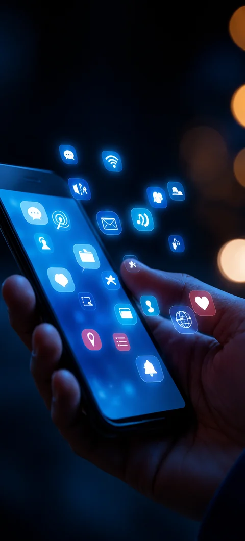 A phone in hand with social icons rising from the screen